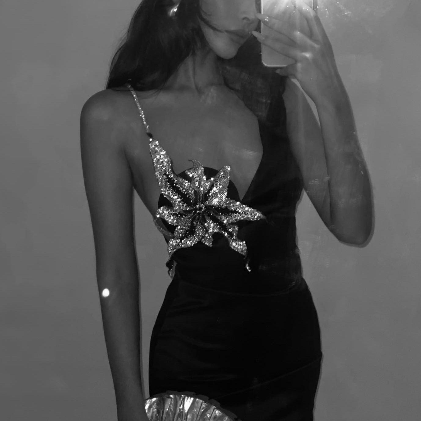 Rhinestone One Shoulder Deep V-Neck Floral Applique Bodycon Mini Dress