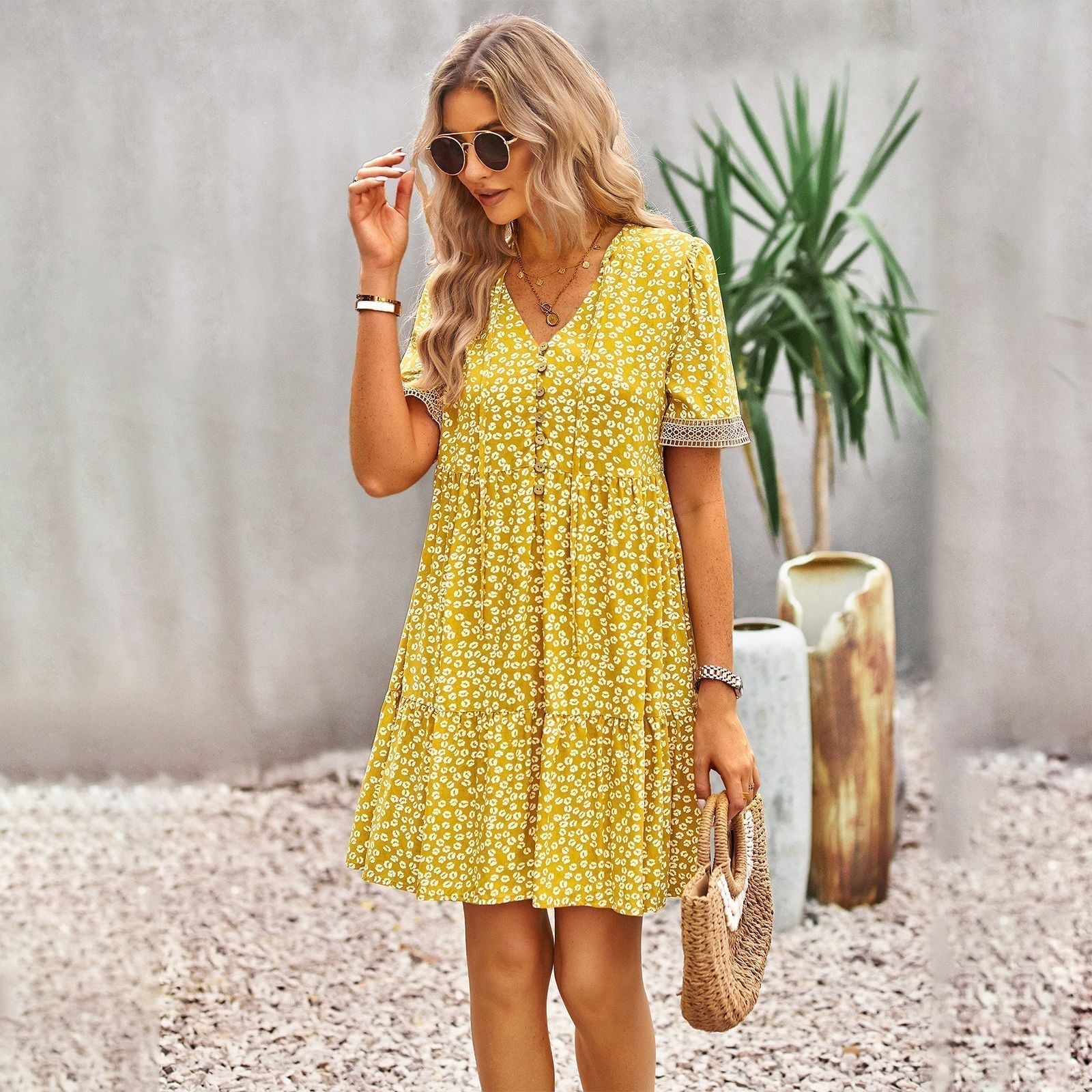 Lace Trim V-Neck Button Front Tiered Babydoll Mini Dress