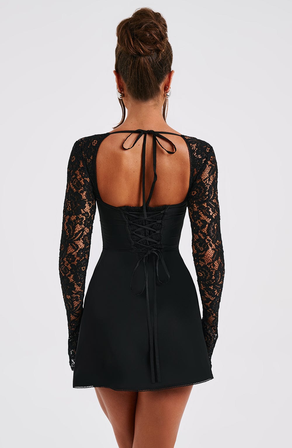 Lace Long Sleeve Sweetheart Bow Front Flared Mini Dress 8