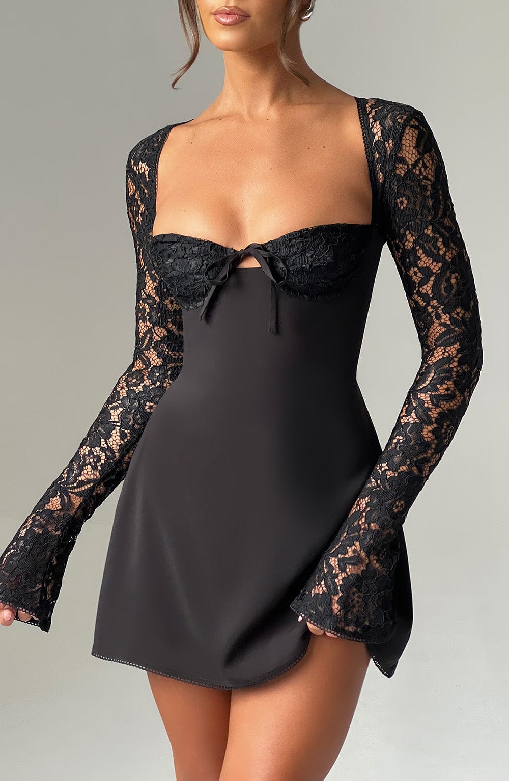 Lace Long Sleeve Sweetheart Bow Front Flared Mini Dress 5