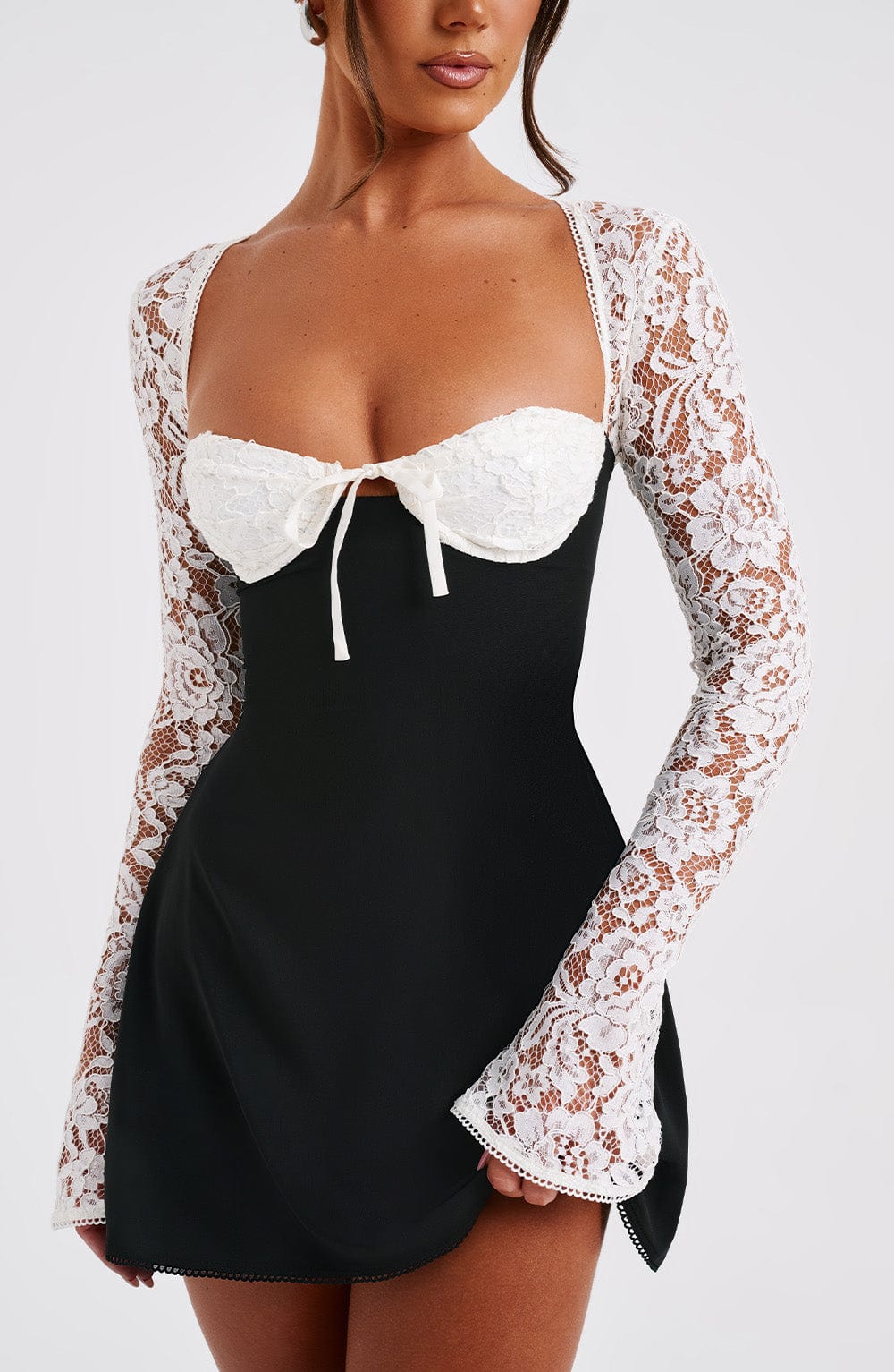 Lace Bustier Long Sleeve Fit and Flare Mini Dress 6