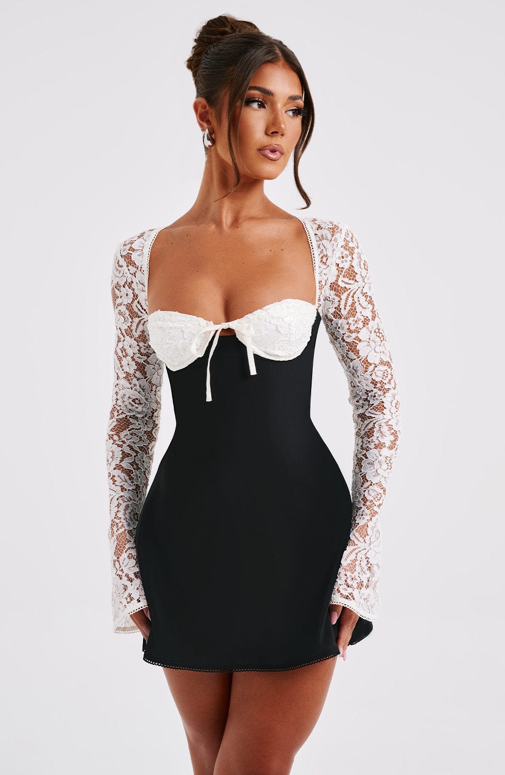 Lace Bustier Long Sleeve Fit and Flare Mini Dress 10