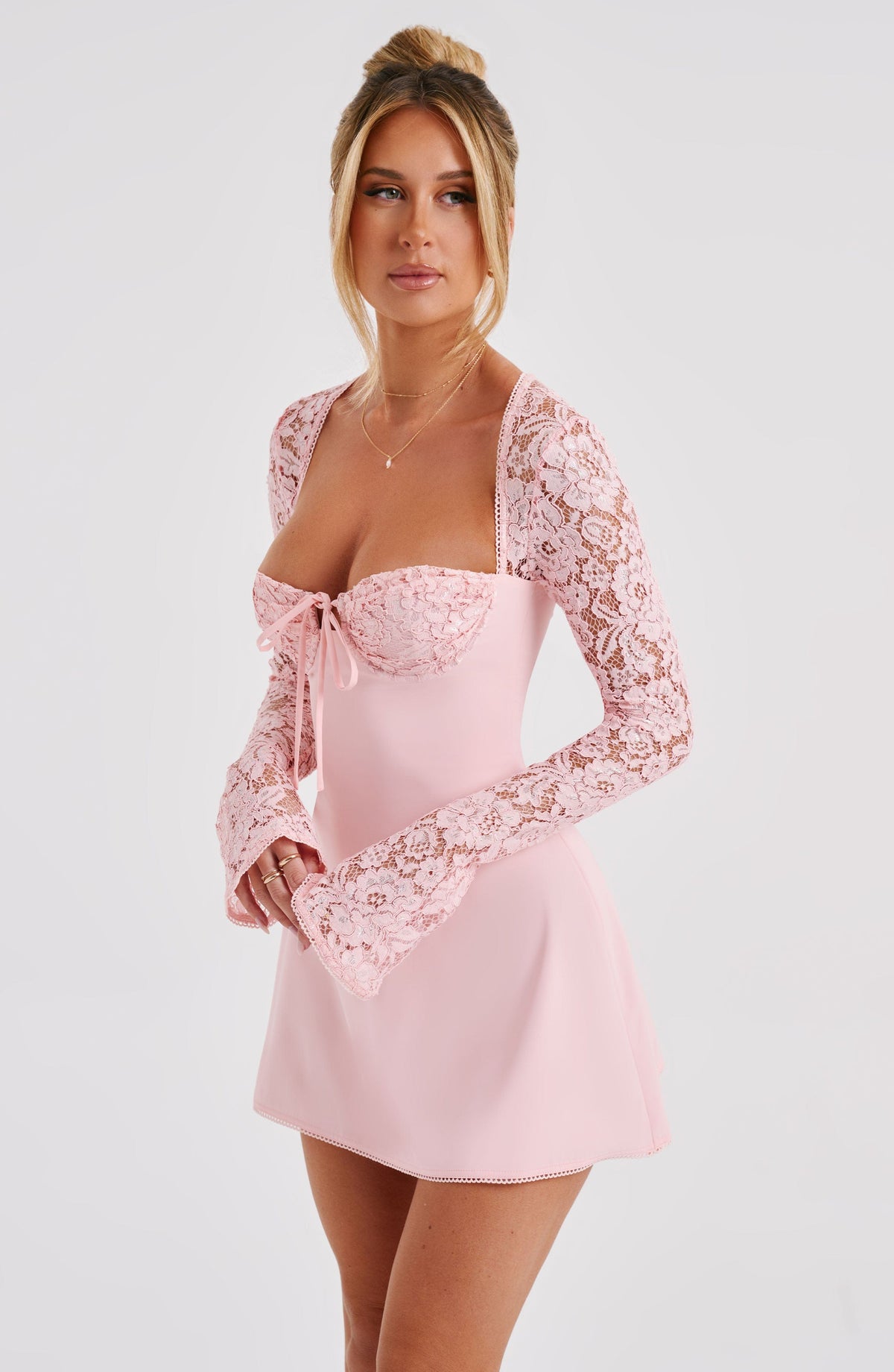 Lace Bust Long Sleeve Bolero Bow Front A-Line Mini Dress 6