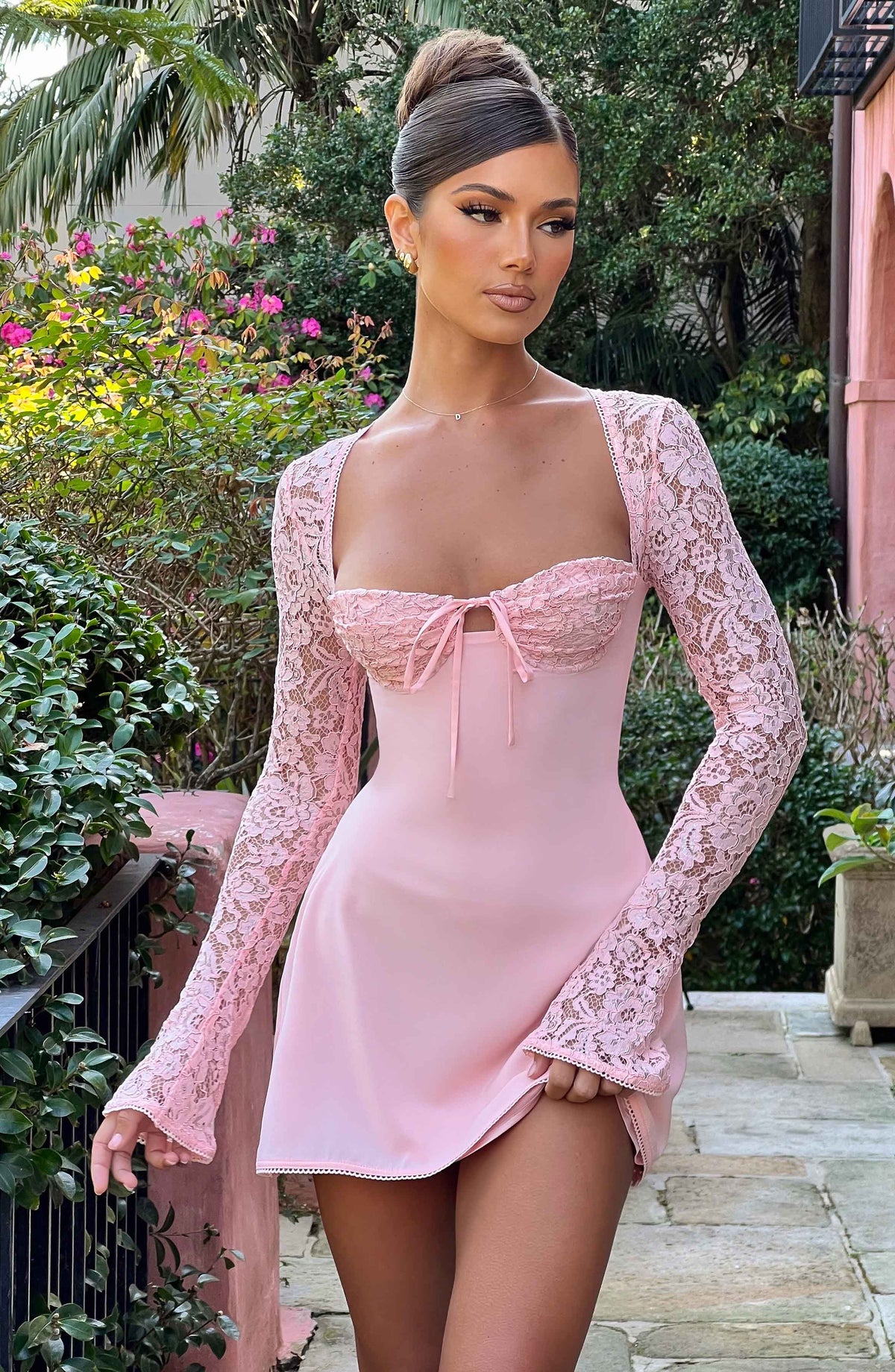 Lace Bust Long Sleeve Bolero Bow Front A-Line Mini Dress 2