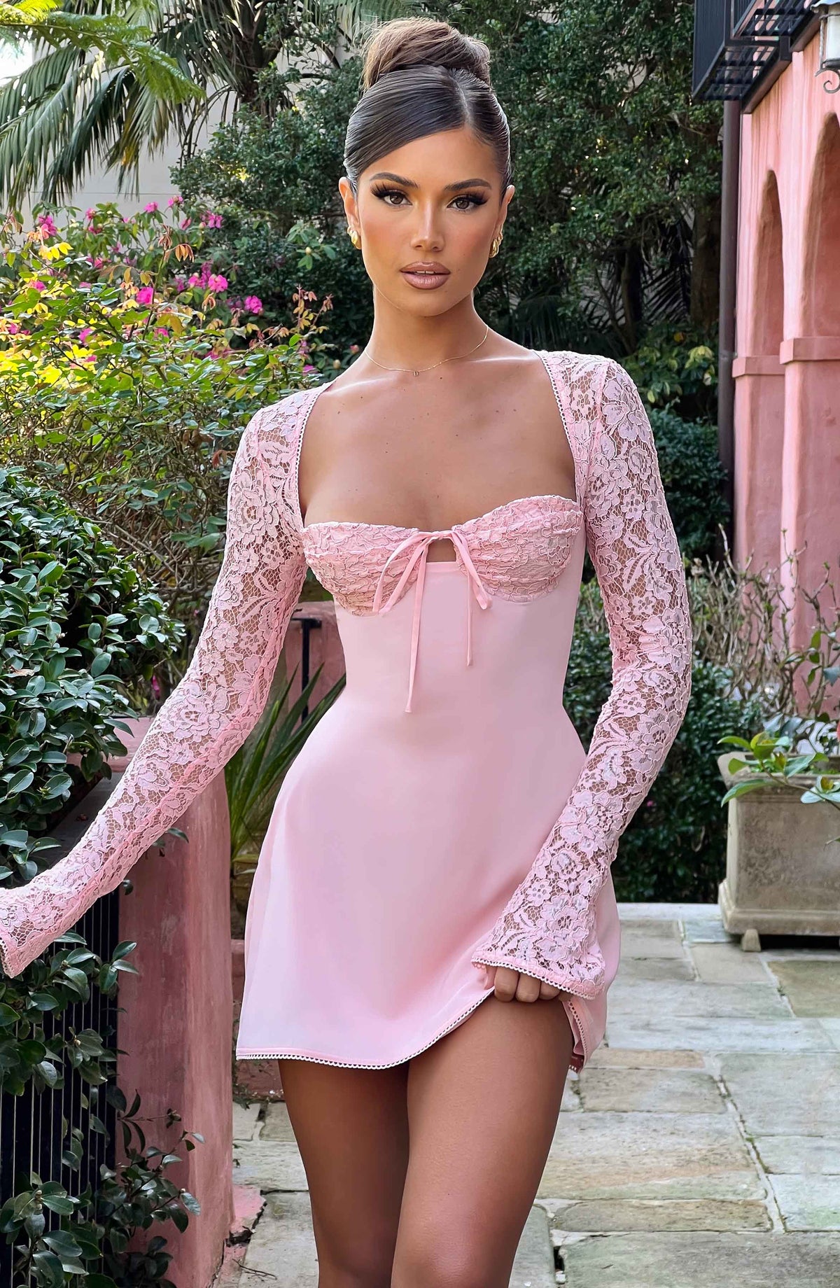 Lace Bust Long Sleeve Bolero Bow Front A-Line Mini Dress