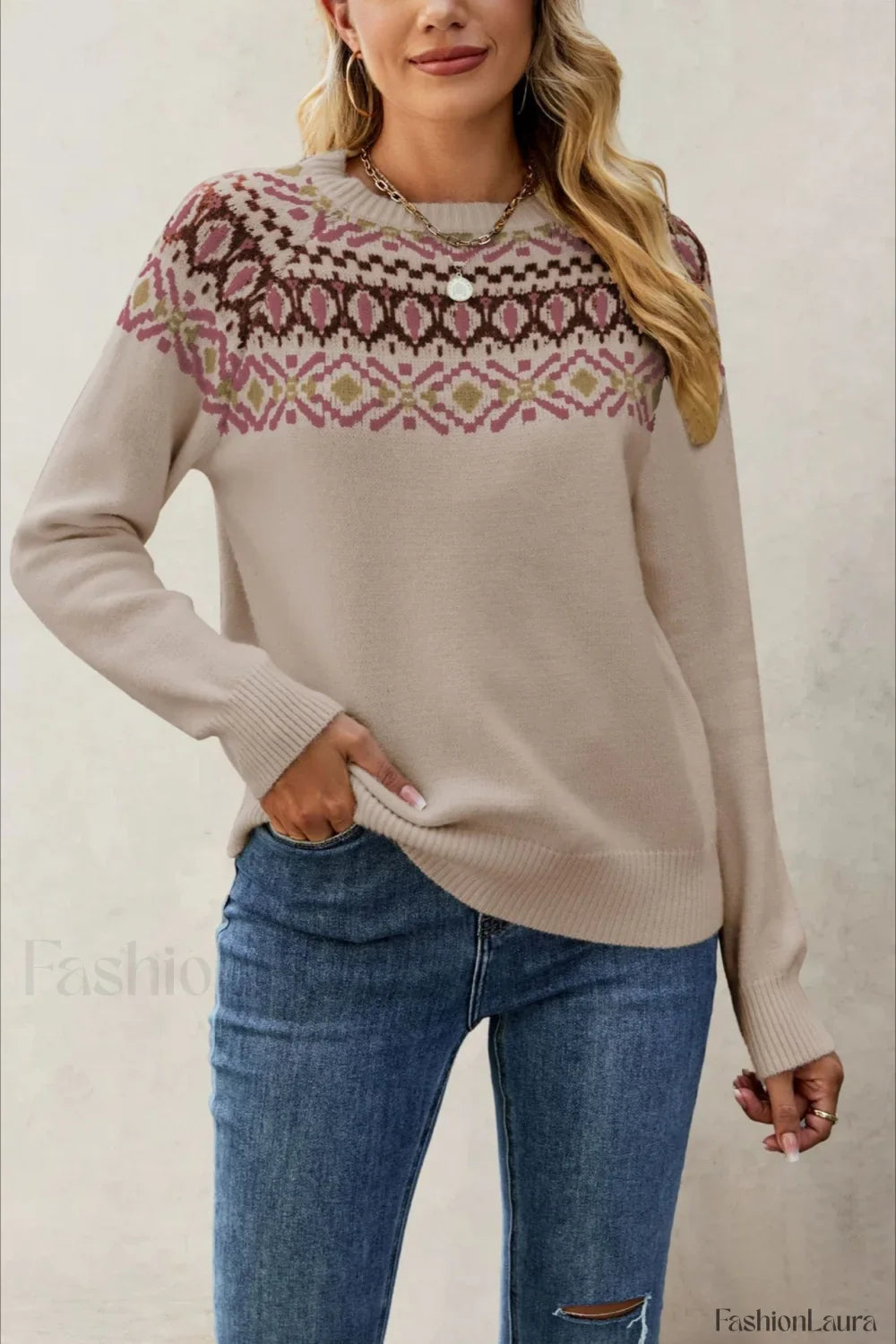 Jacquard Crew Neck Knit Pullover Sweater