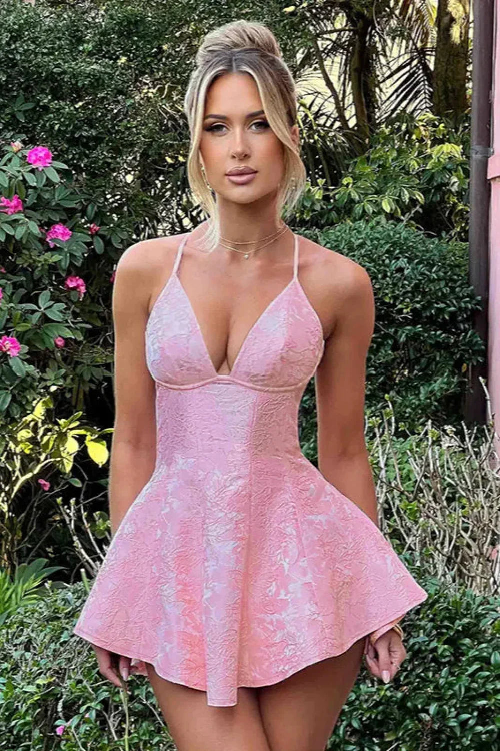 Floral Jacquard Deep V-Neck Spaghetti Strap Flared A-Line Mini Dress