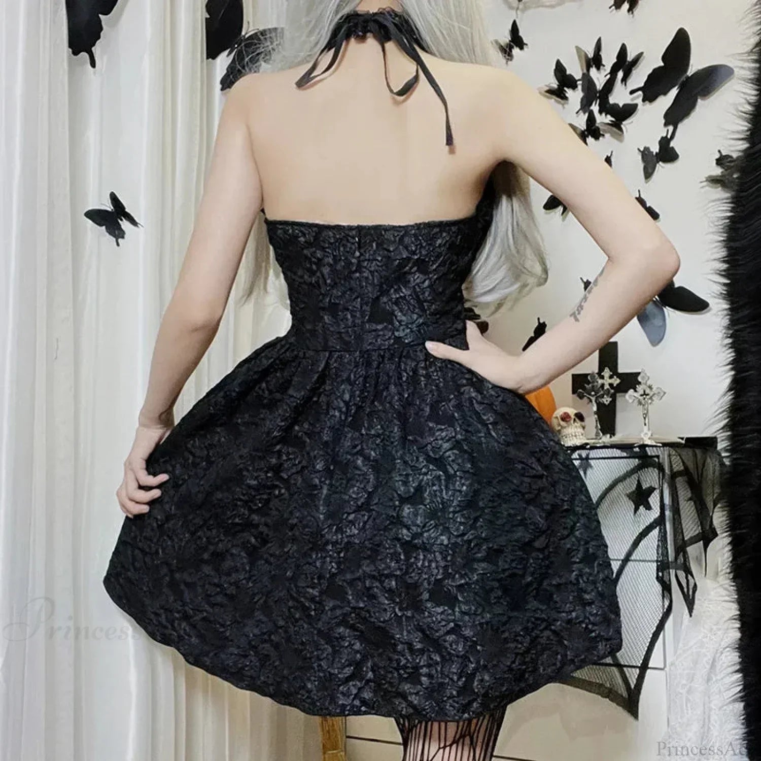 Jacquard Halter Neck Cross Collar Corset Lace Up Flared Mini Dress