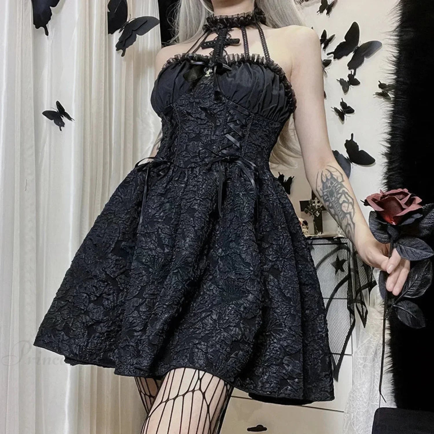 Jacquard Halter Neck Cross Collar Corset Lace Up Flared Mini Dress