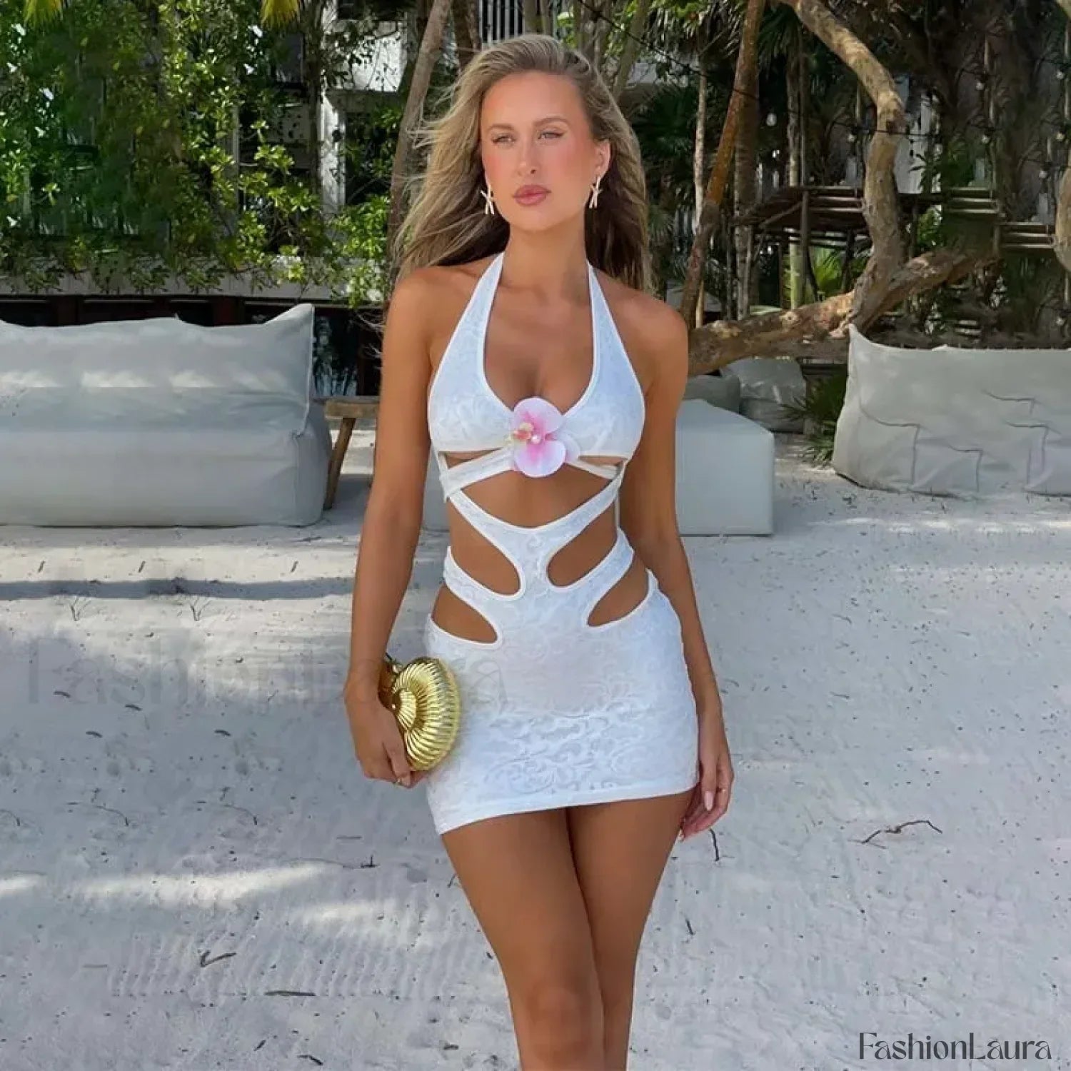 Jacquard Halter Hollow Mini Dress