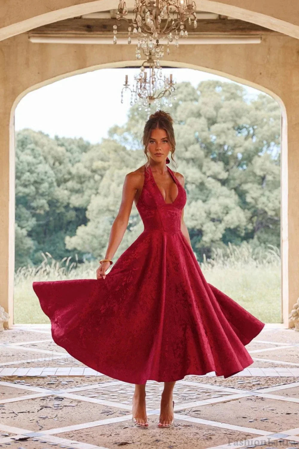 Jacquard Halter V-Neck Party Dress S / Red