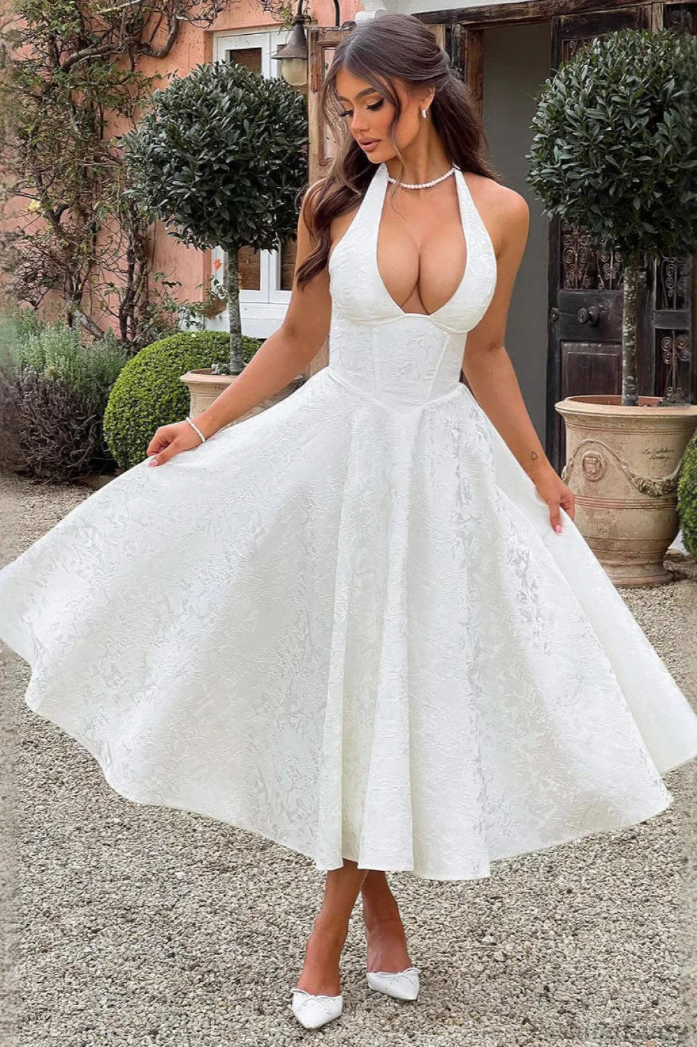 Jacquard Halter V-Neck Party Dress S / White