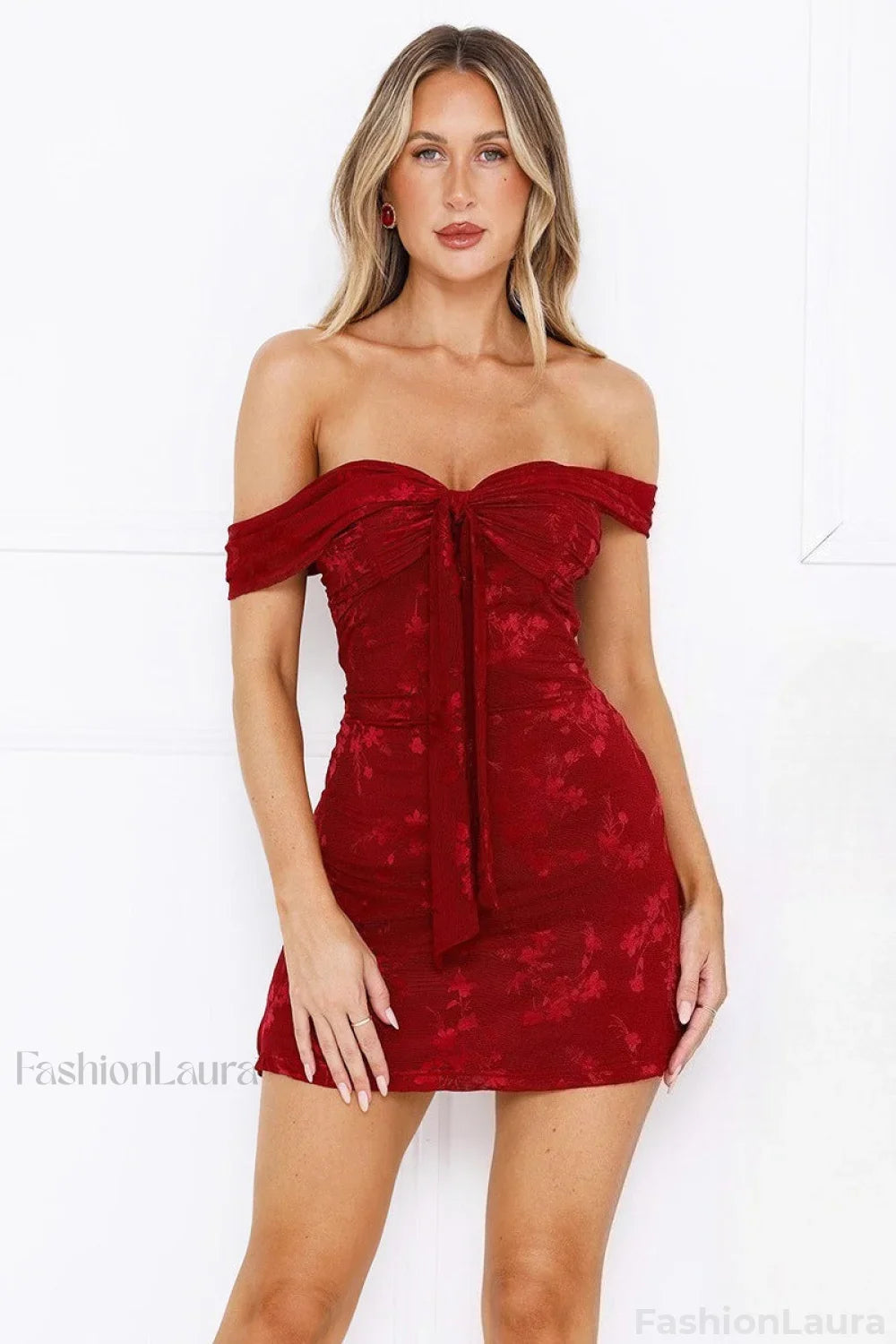 Jacquard Mesh Strapless Party Dress S / Red