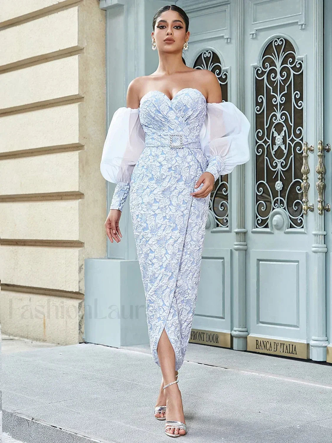 Jacquard Split Blue Maxi Dress