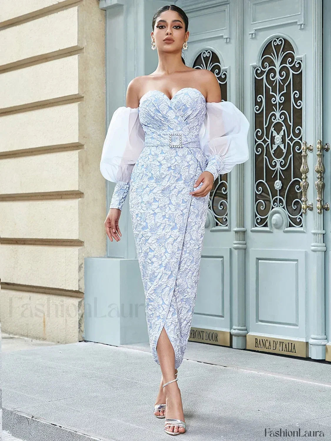 Jacquard Split Blue Maxi Dress