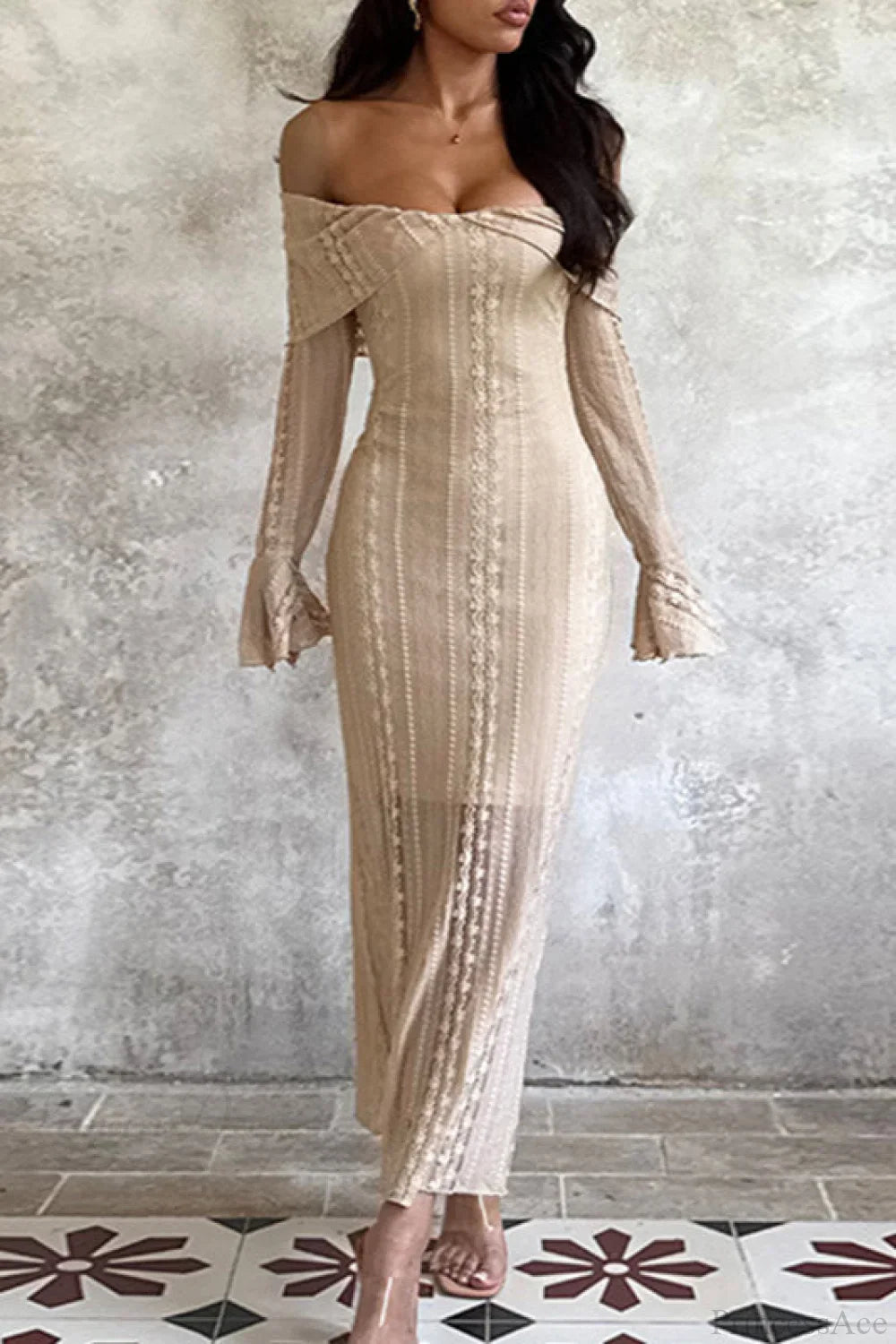 Jacquard Waist Cinched Off Shoulder Bodycon Maxi Dress Beige / S