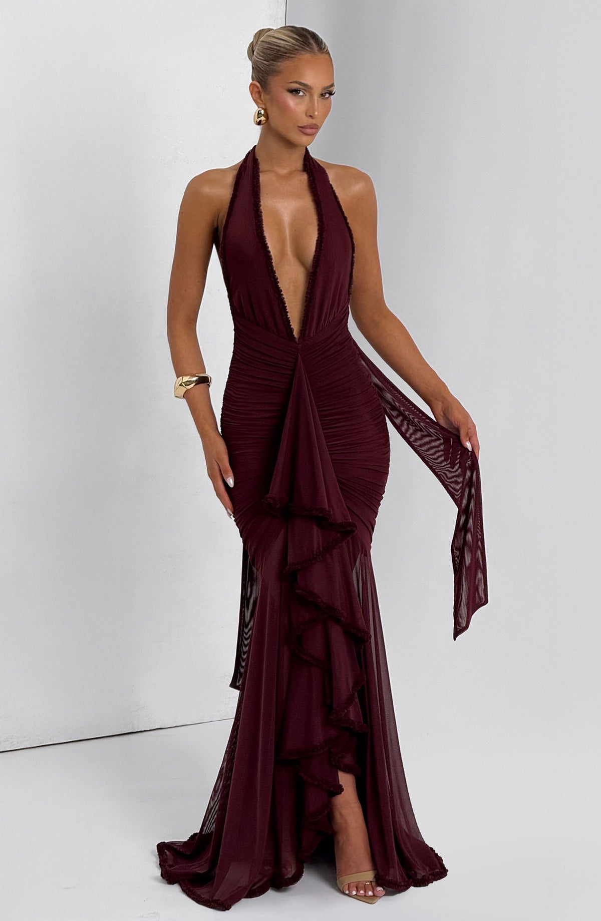 Mesh Plunging Halter Neck Ruched Ruffle Front Maxi Gown 4