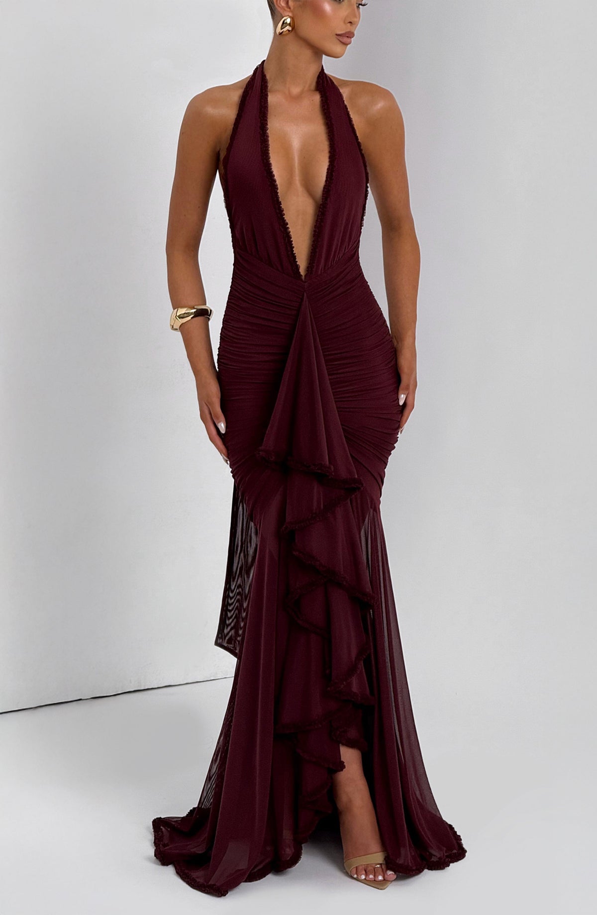 Mesh Plunging Halter Neck Ruched Ruffle Front Maxi Gown 8