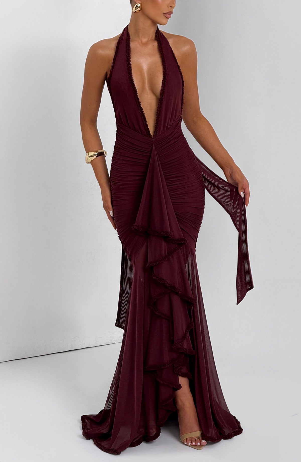 Mesh Plunging Halter Neck Ruched Ruffle Front Maxi Gown