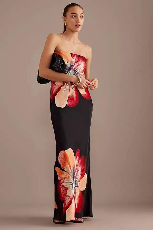 Floral Strapless Satin Bias Cut Column Maxi Dress