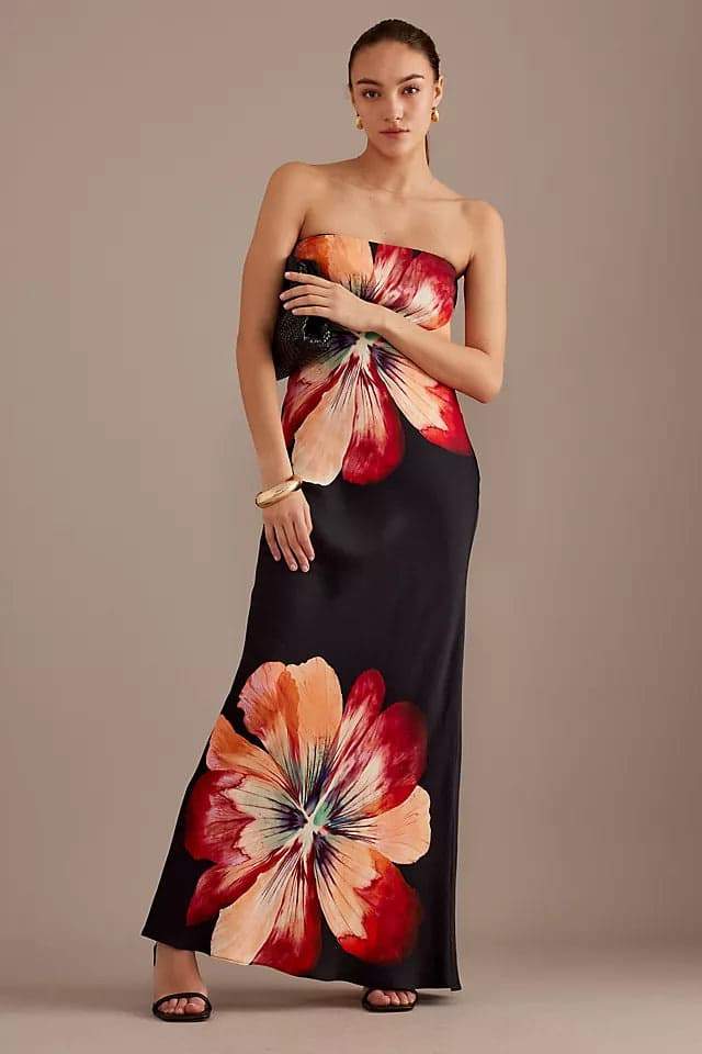 Floral Strapless Satin Bias Cut Column Maxi Dress