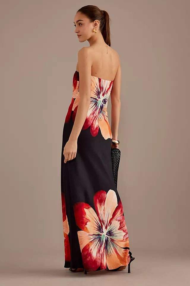 Floral Strapless Satin Bias Cut Column Maxi Dress
