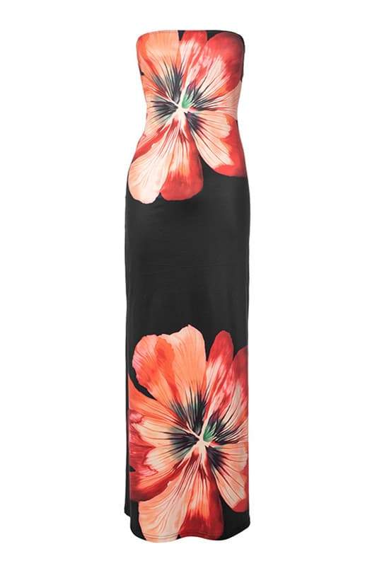 Floral Strapless Satin Bias Cut Column Maxi Dress