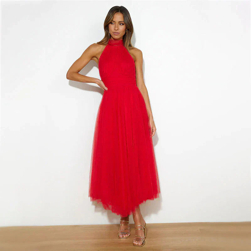 Pearlina - Sleek Mesh High Neck Dress Red