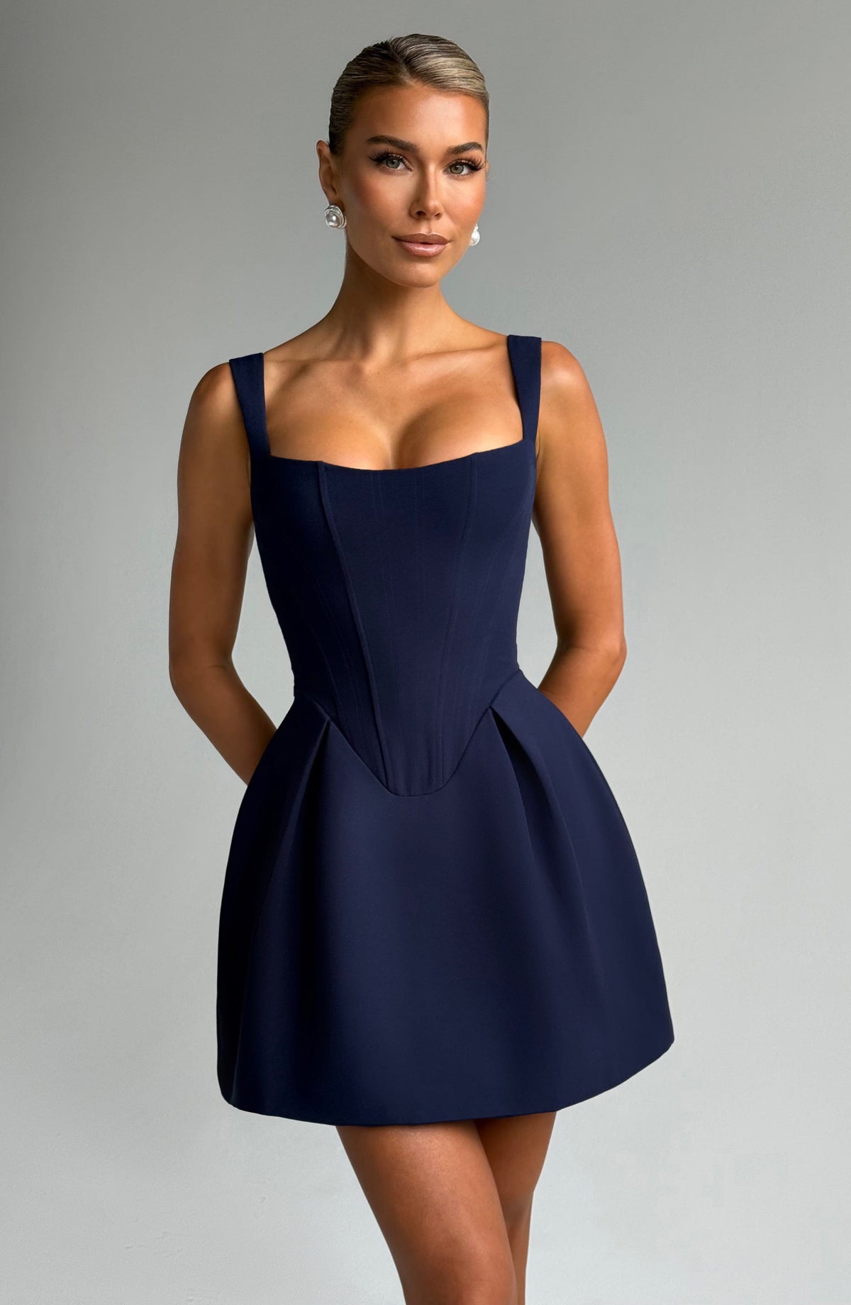 Corset Bodice Square Neck Wide Strap Bubble Skirt Mini Dress