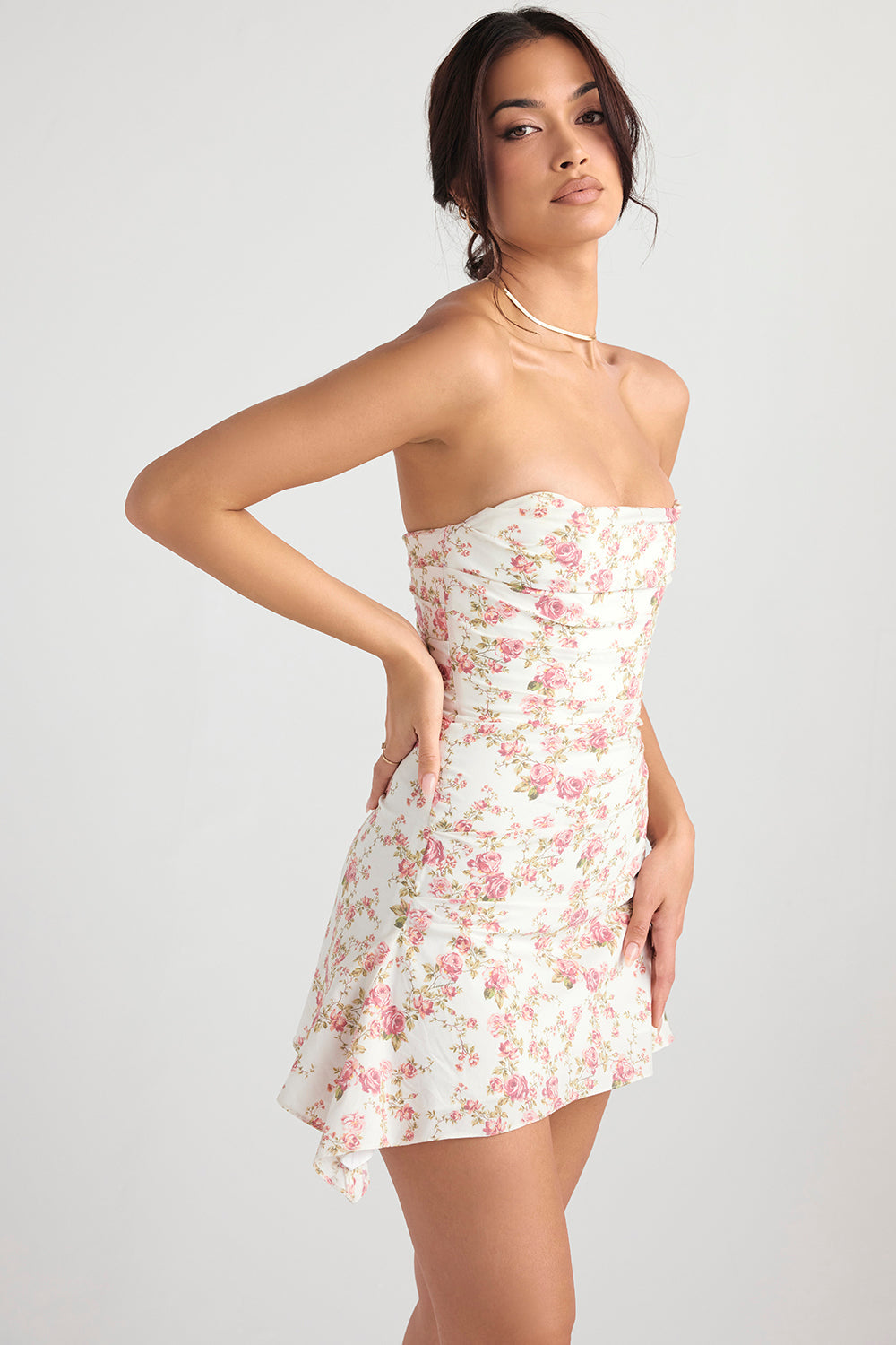 Satin Strapless Ruched Corset Asymmetric Hem Mini Dress 17