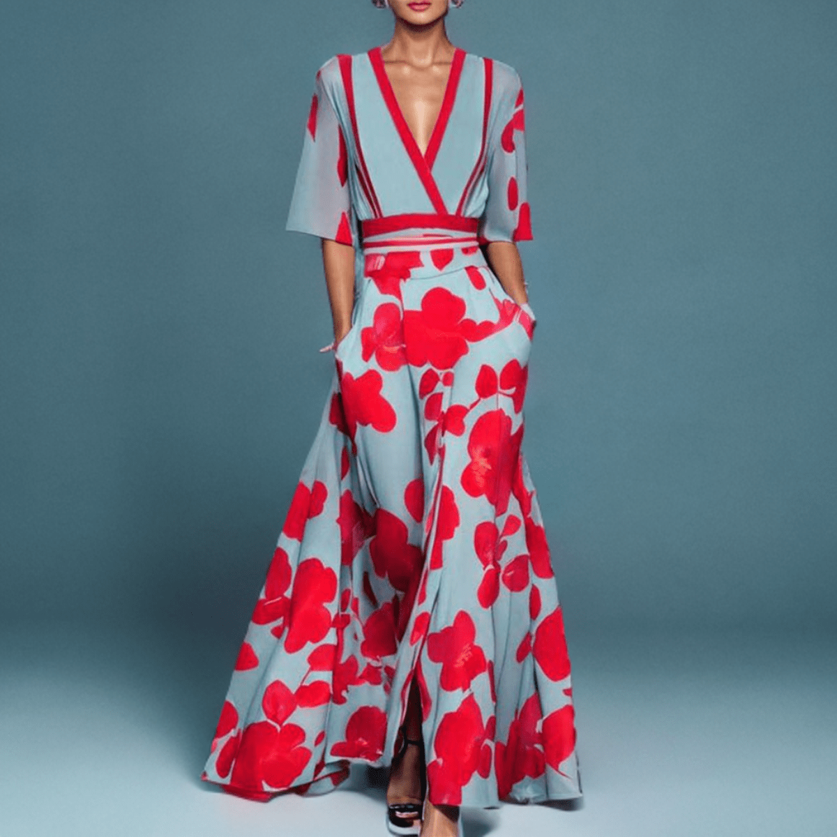 Floral Deep V-Neck Short Sleeve Wrap High Split Maxi Dress