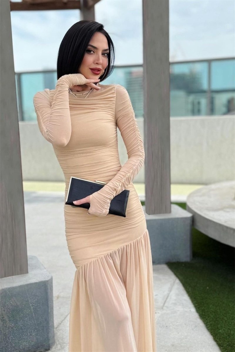 Jessie Long Sleeve Pleated Mesh Maxi Dress - View 5