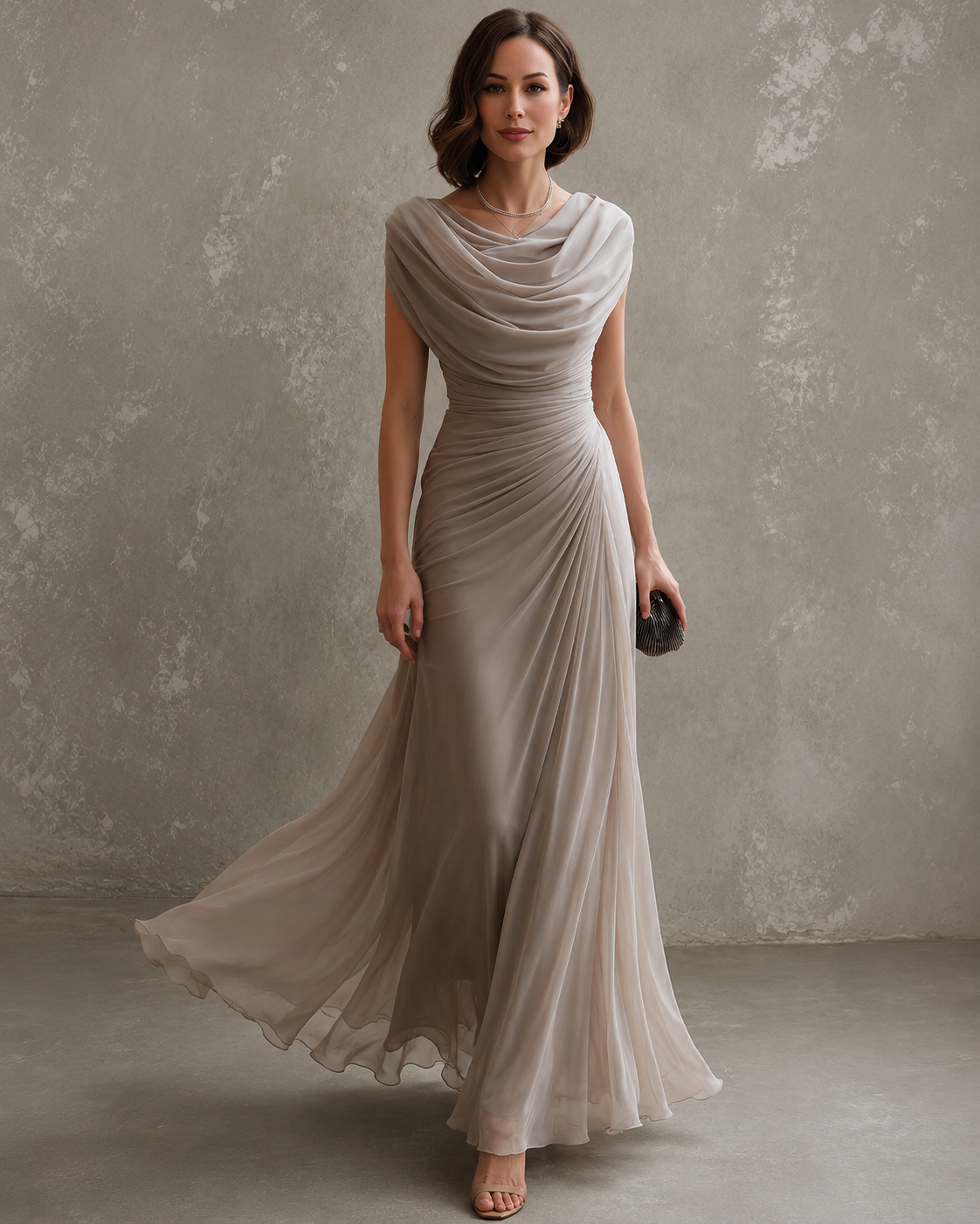 Cowl Neck Cap Sleeve Ruched Chiffon Maxi Gown