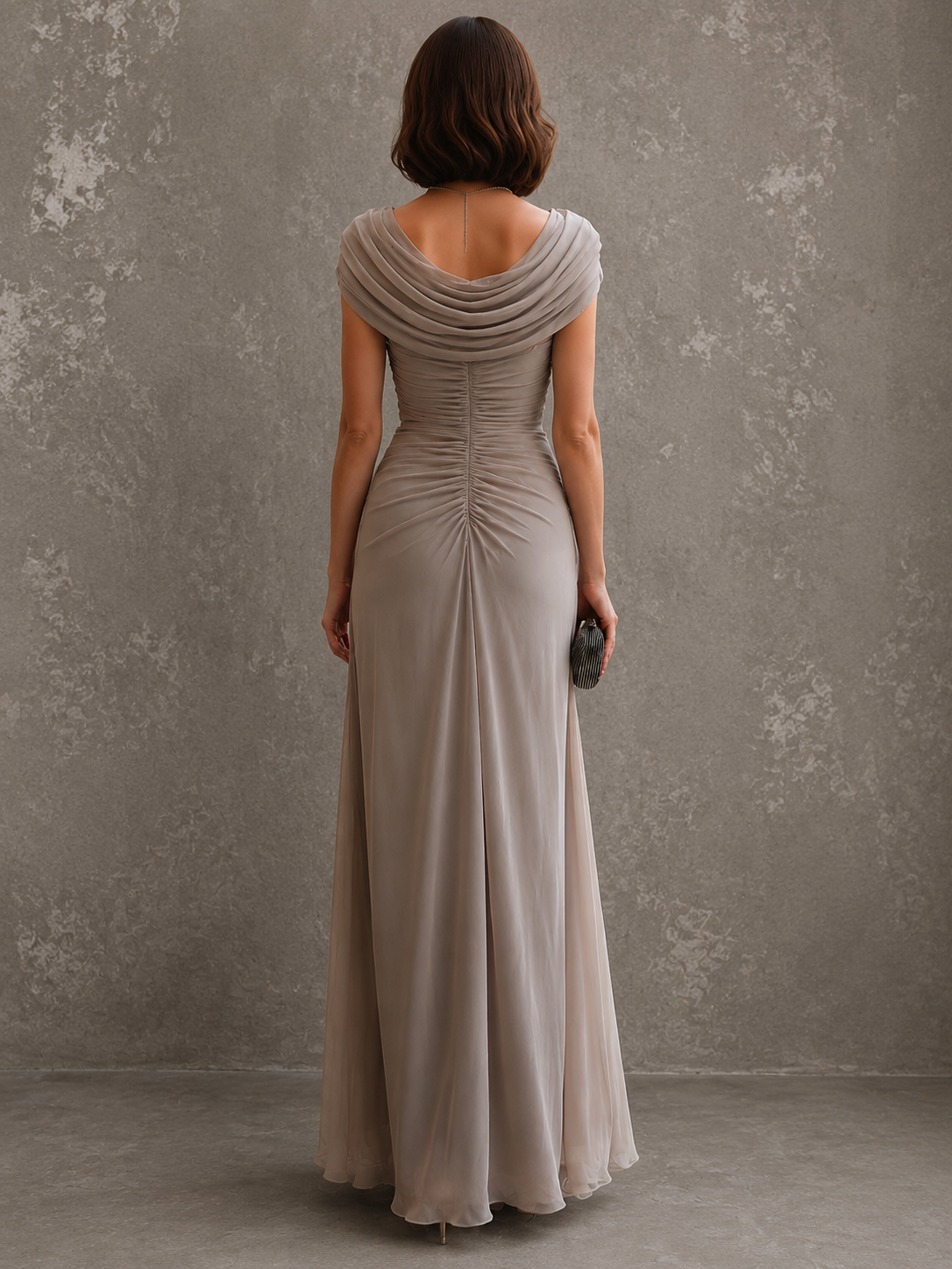 Cowl Neck Cap Sleeve Ruched Chiffon Maxi Gown