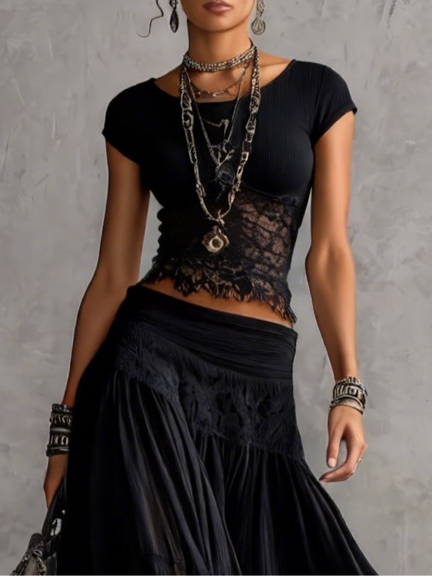 Lace Trim Short Sleeve Top and Tiered Mesh Maxi Skirt Two Piece Set