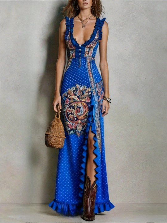 Blue Bohemian Printed Dress with Deep V-Neck and High Slit