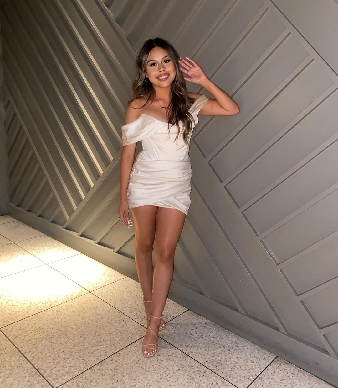 Off Shoulder Satin Corset Bodice Draped Wrap Hem Mini Dress 38