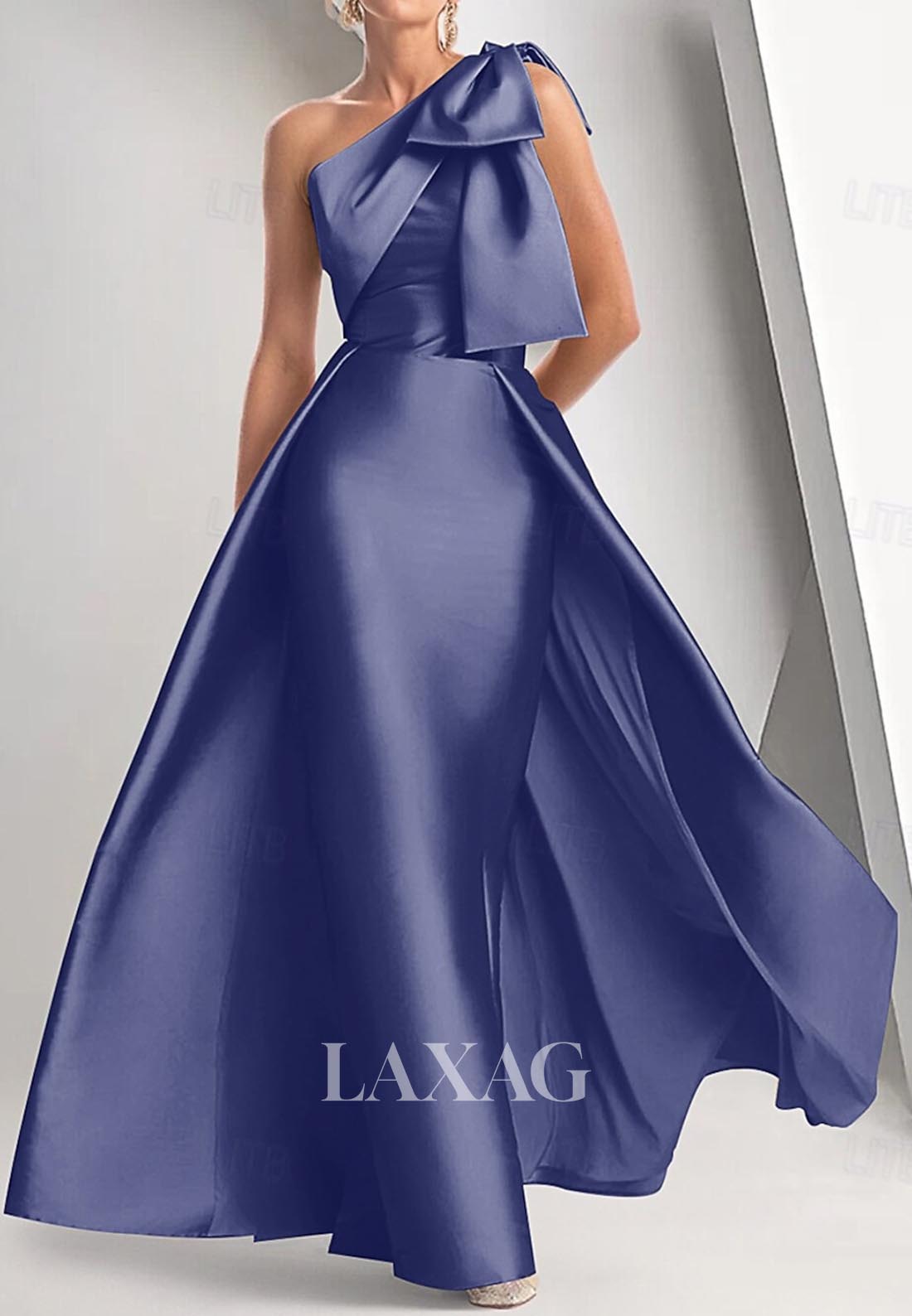 Asymmetrical-Neck Sleeveless Mermaid Evening Dress One-Shoulder Satin Formal Gowns with Bow