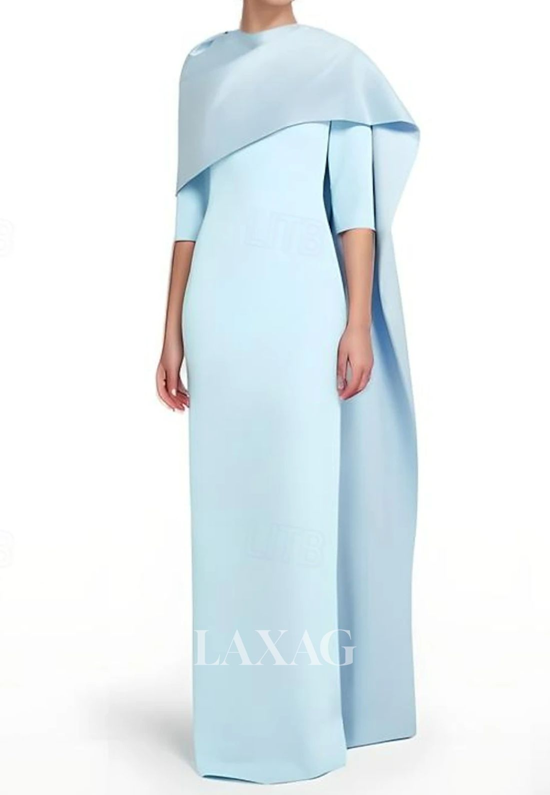 Simple High-Neck Half-Sleeves Fitted Wedding Guest Dress Floor-Length Satin Formal Gowns with Overlay