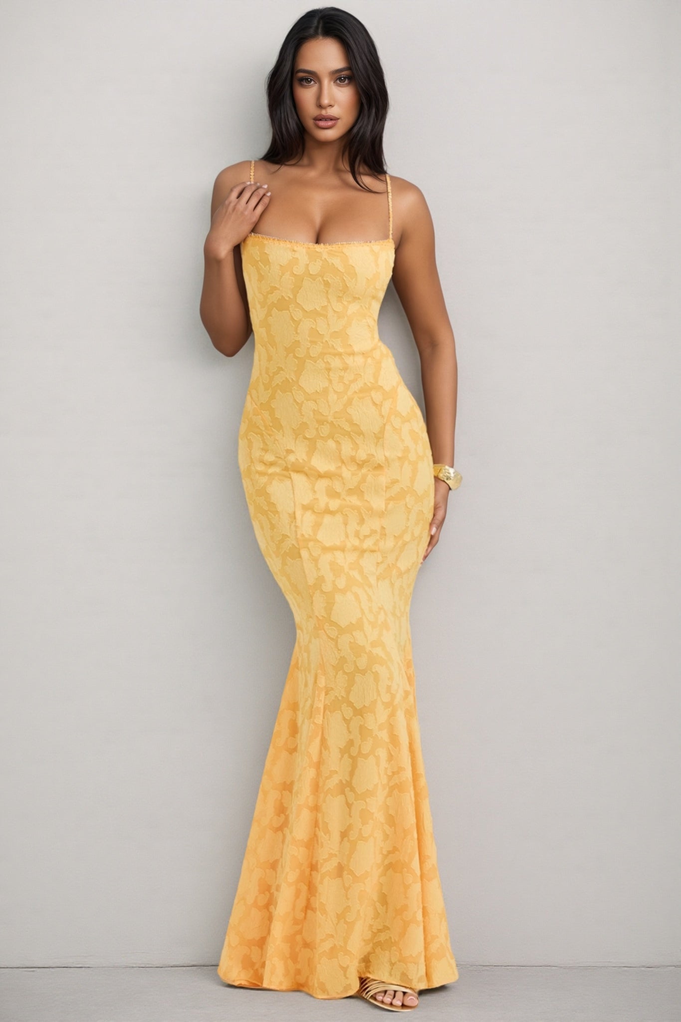 Xyvan Yellow Lace Up Back Maxi Dress - View 3