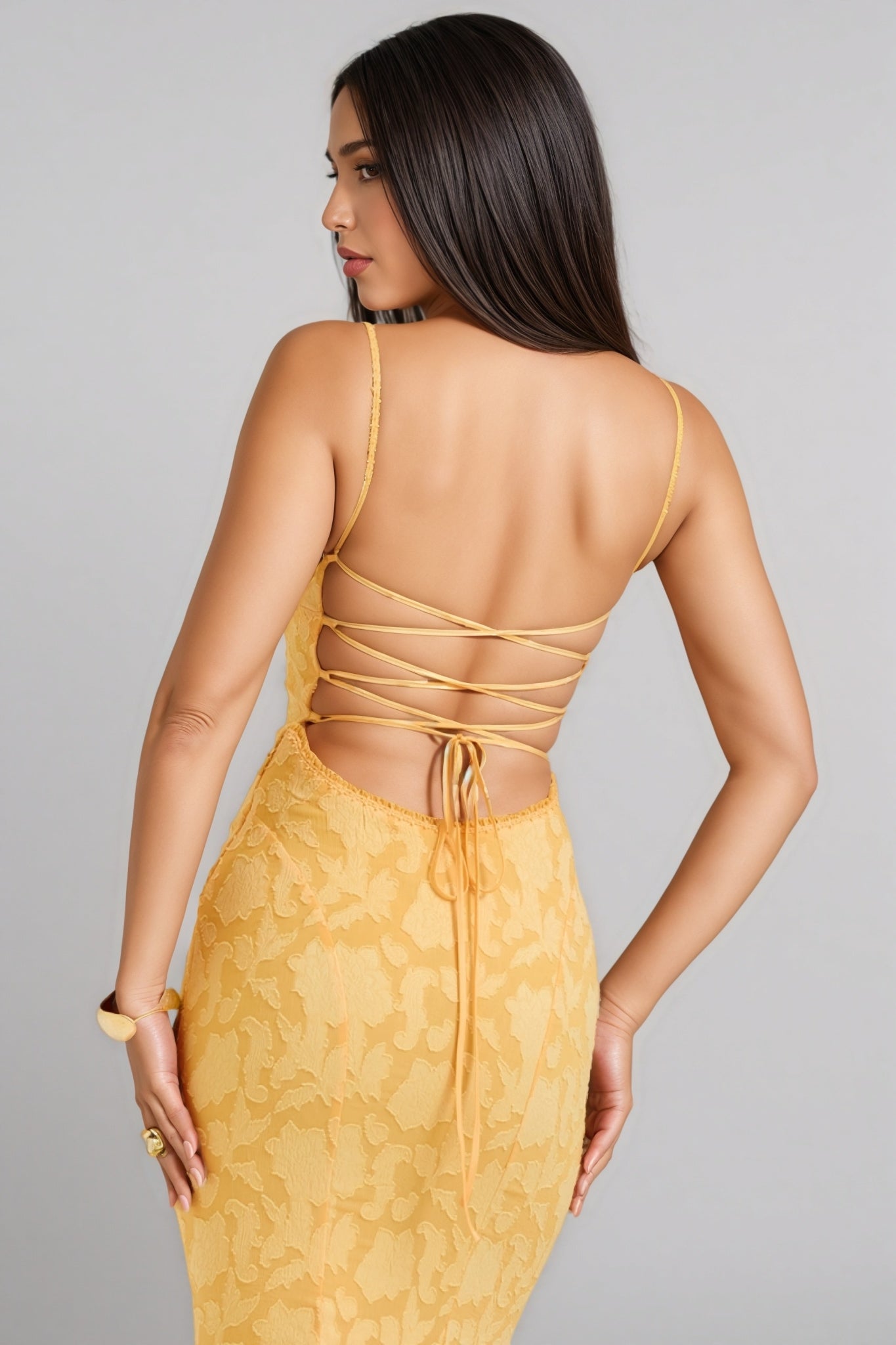 Xyvan Yellow Lace Up Back Maxi Dress - View 6