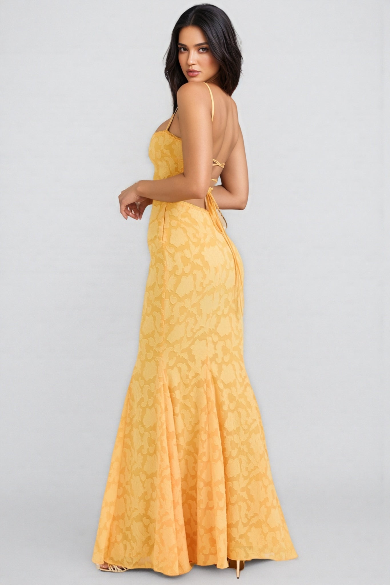 Xyvan Yellow Lace Up Back Maxi Dress - View 7