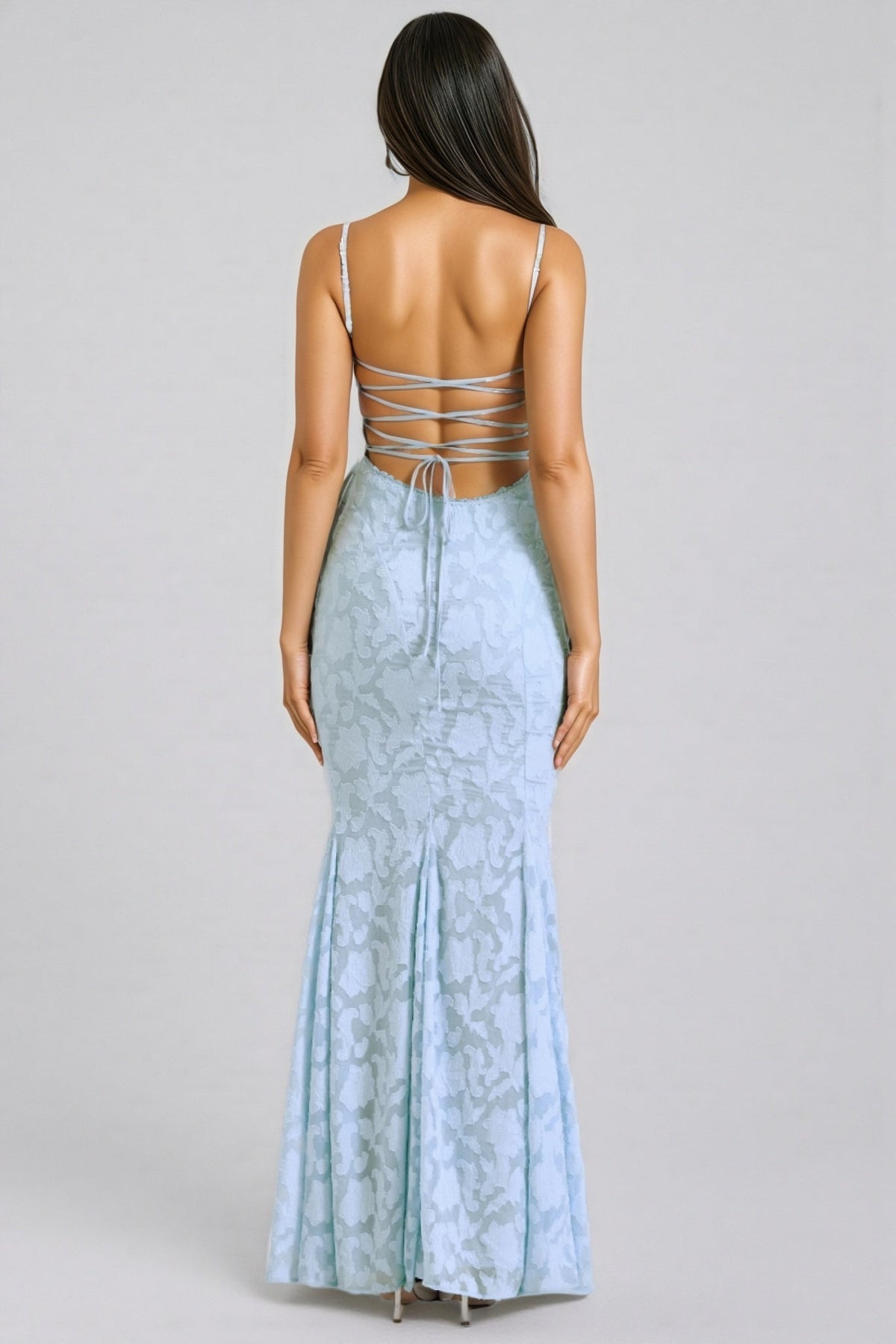 Floral Jacquard Spaghetti Strap Square Neck Mermaid Maxi Dress 4
