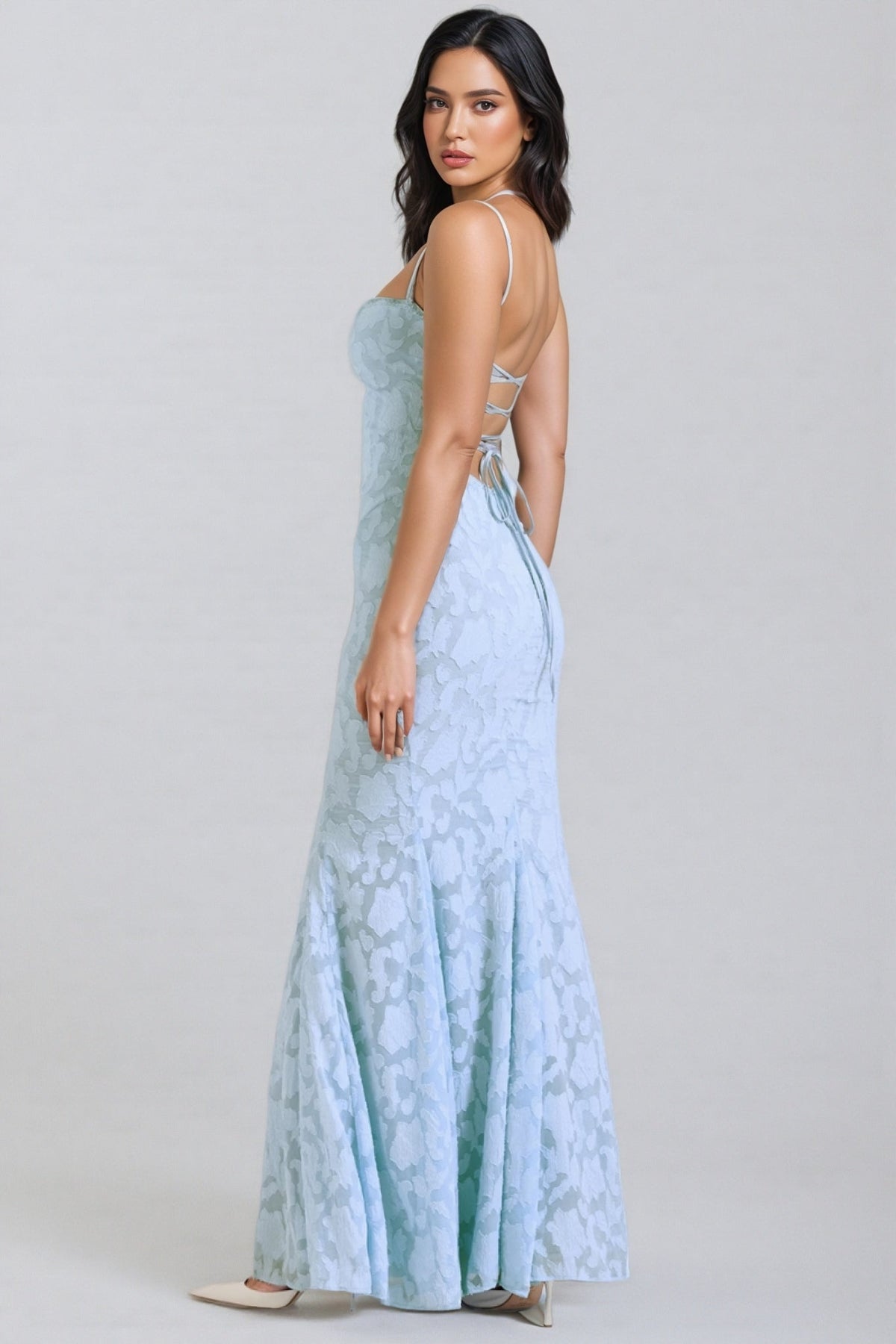 Floral Jacquard Spaghetti Strap Square Neck Mermaid Maxi Dress 3