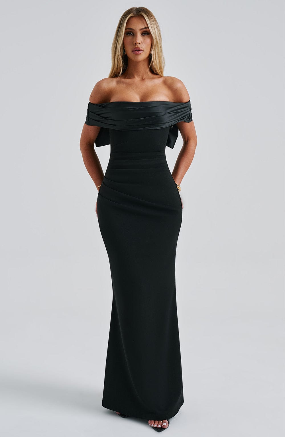 Off Shoulder Oversized Satin Bow Back Bodycon Dress 6
