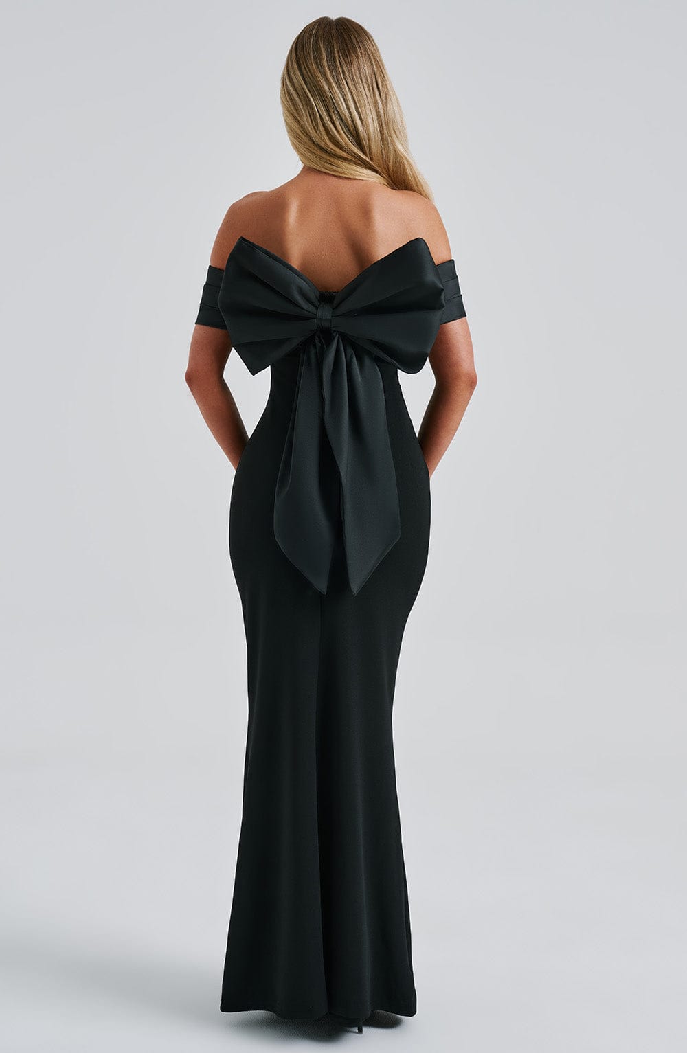 Off Shoulder Oversized Satin Bow Back Bodycon Dress 11