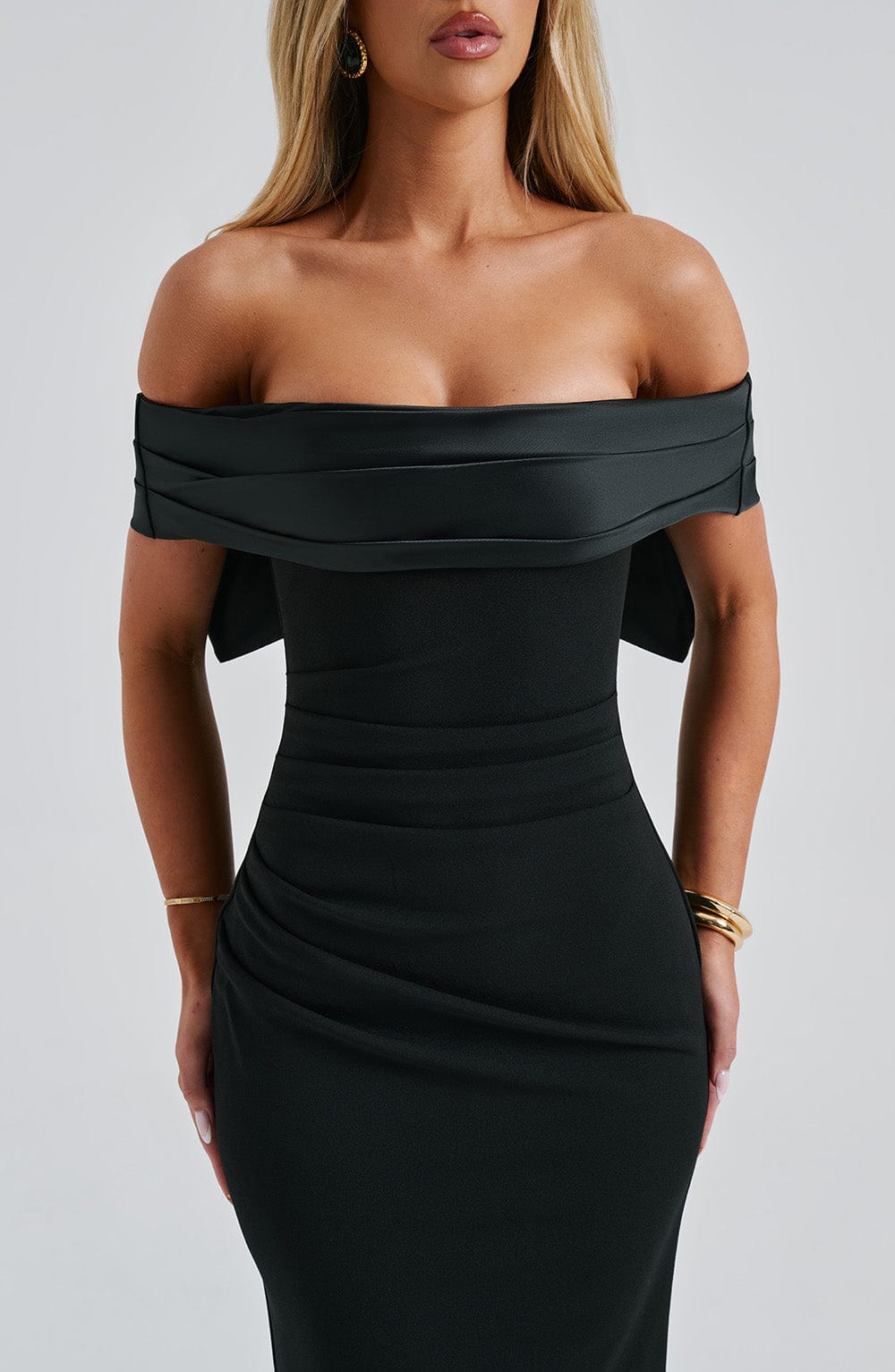 Off Shoulder Oversized Satin Bow Back Bodycon Dress 10