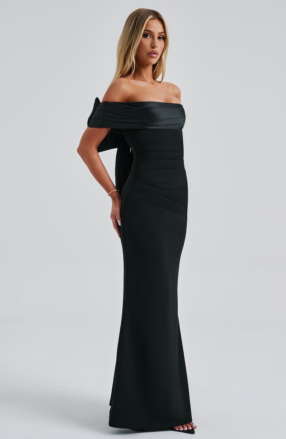 Off Shoulder Oversized Satin Bow Back Bodycon Dress 7