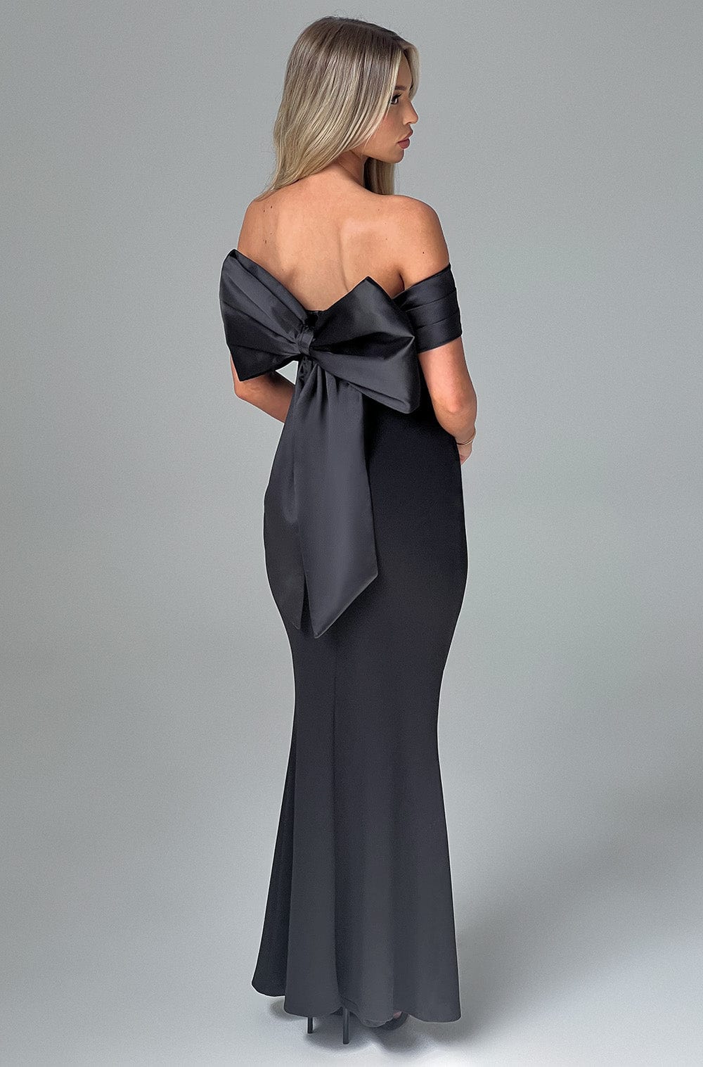 Off Shoulder Oversized Satin Bow Back Bodycon Dress 5