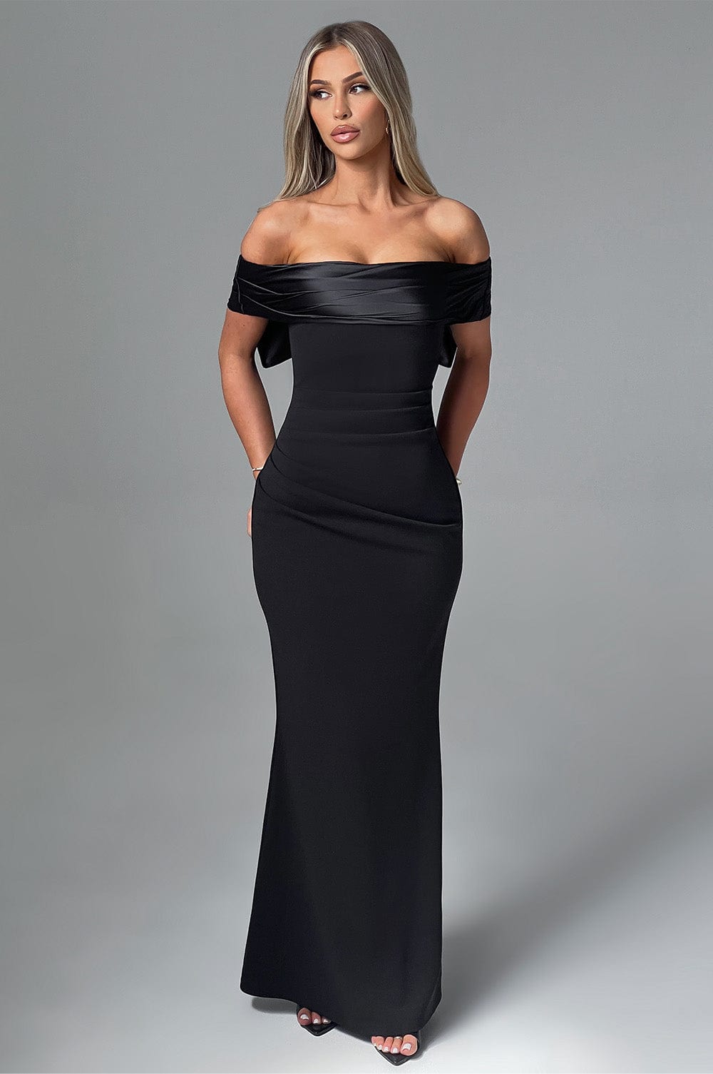 Off Shoulder Oversized Satin Bow Back Bodycon Dress 4